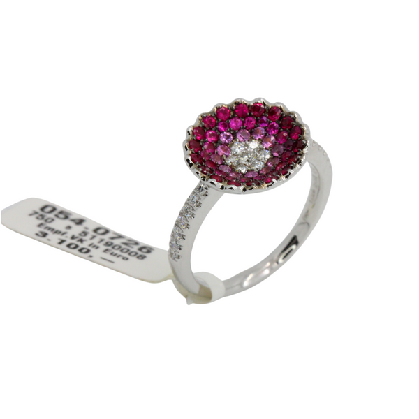 004_01_ 750er Weißgoldring mit einem blütenförmigen Ringkopf besetzt mit Brillanten, Rubinen und pinken Saphiren