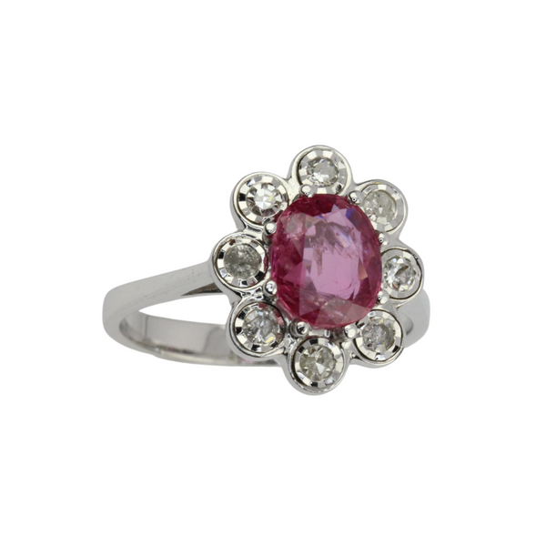 585er Weißgold Ring mit Rubin und Diamanten